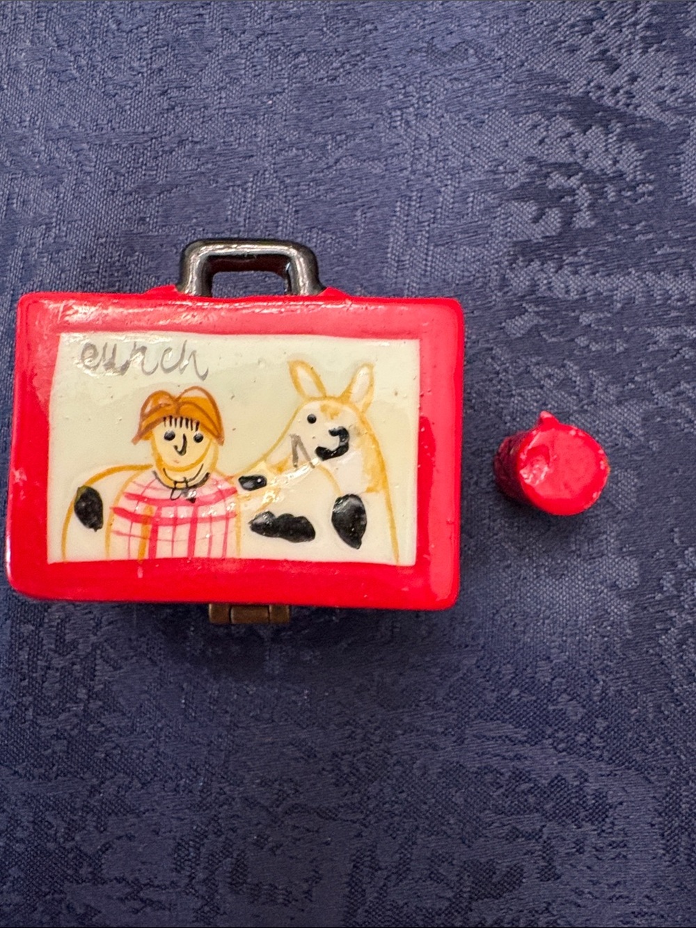 Red Mini Trinket Box with Illustrated Animal Panel and thermos.